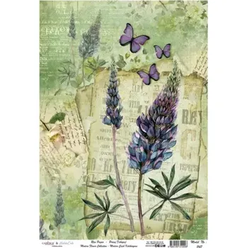 Výtvarný papír Rýžový papír A4 - 1147 - Cadence (Fialové květiny s motýly)