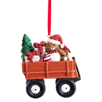 Vánoční dekorace Vánoční ozdoba medvídek s dárky, červený, plast, 11,4 cm