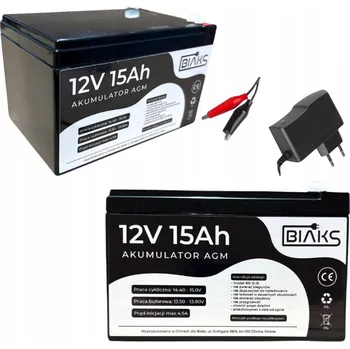 Záložní baterie Akumulátor AGM 12V 15Ah BIAKS (rozměr 10Ah 12Ah14Ah) kompletní nabíječka PW