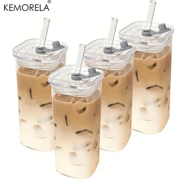 Čtvercový čirý hrnek s víčkem a brčkem na kávu a čaj | <strong>skleněný hrnek</strong>, <strong>hrnek s víčkem</strong> - 4KS