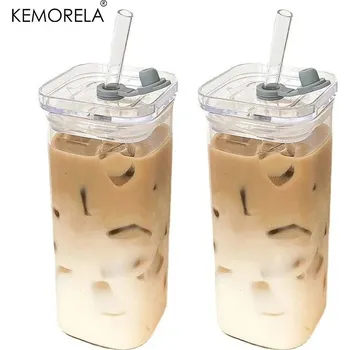 Čtvercový čirý hrnek s víčkem a brčkem na kávu a čaj | <strong>skleněný hrnek</strong>, <strong>hrnek s víčkem</strong> - 2ks