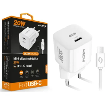 Stolní počítač Chytrá síťová mini nabíječka ALIGATOR Power Delivery 20W, USB-C/USB-C kabel, bílá