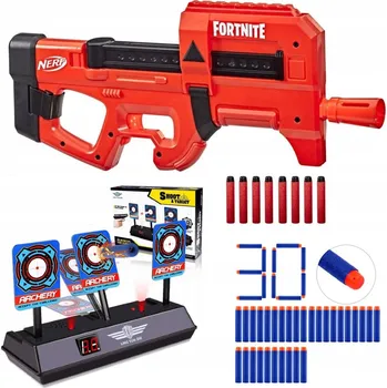 Dětská zbraň RAKETOMET NERF FORTNITE COMPACT SMG ČERVENÁ SADA + TERČ + 30 ŠIPEK