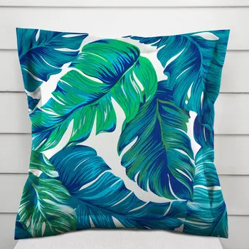 Povlak na dekorativní polštářek Bavlněný povlak na polštář s lemem Sandra SA-606 Modro-zelené tropické listy na bílém 40 x 40 cm