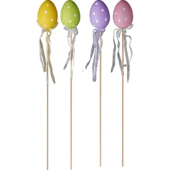 Velikonoční dekorace Zápich plast 70 mm + špejle Kraslice s putníkem a stuhou mix barev