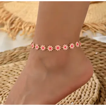 Řetízek B-TOP Dámský pozlacený řetízek na nohu s růžovými květy