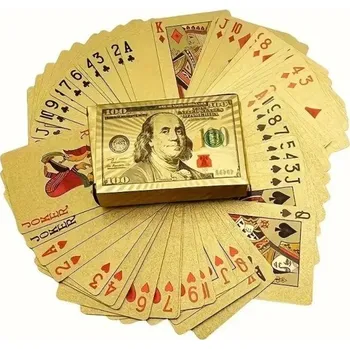 Pokerová karta Zlaté plastové hrací karty 55 kusů s designem bankovky 100 USD lesklý voděodolný povrch a rozměr 6 x 9 cm pro poker žolíky i kanastu