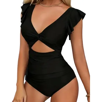 Dámské plavky Dámské jednodílné plavky s volánovými rukávy a výstřihem do V Elegantní plavky s výřezem v pase Stylová plážová móda černá M