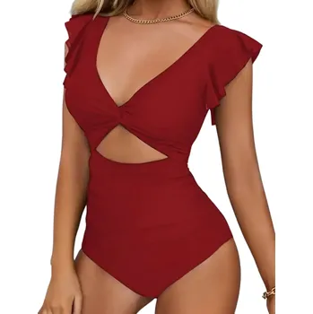 Dámské plavky Dámské jednodílné plavky s volánovými rukávy a výstřihem do V Elegantní plavky s výřezem v pase Stylová plážová móda červená S