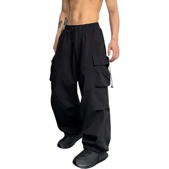 Pánské kalhoty Pánské volné kalhoty Cargo se stahovací šňůrkou Rovný střih Široké nohavice Pohodlné kapsáče Streetwear styl na volný čas černá L