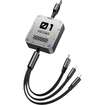 Datový kabel Zatahovací USB kabel 3v1 1,2 m rychlé nabíjení 100W USB na USB C + Lightning + Micro USB datový kabel do auta všestranný 2 A žlutá