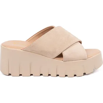 Dámské pantofle Béžové semišové dámské nazouváky na klínku, podpatek 6,5 cm QT112P-KH Velikost: 39