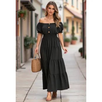 Dámské šaty Černé letní maxi šaty s krátkými balónovými rukávy M1170 Black Velikost: ONE SIZE