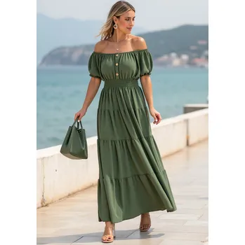 Dámské šaty Tmavě zelené letní maxi šaty s krátkými balónovými rukávy M1170 Green Velikost: ONE SIZE