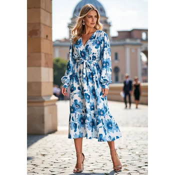 Dámské šaty Bílo-modré dámské květované šaty s dlouhými rukávy M1140 Blue Velikost: S/M