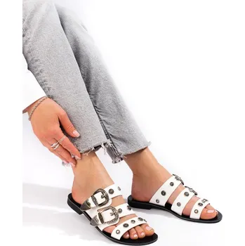 Dámské pantofle BÍLÉ STYLOVÉ NAZOUVÁKY S PŘEZKAMI JH185W Velikost: 38