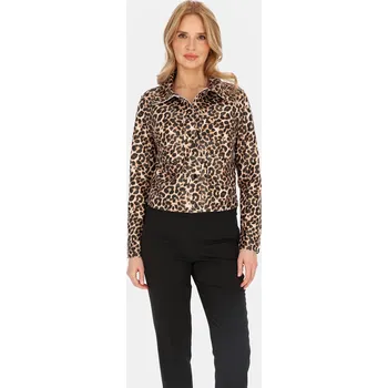 Dámská cargo bunda Krátká dámská přechodová bunda s leopardím vzorem BLE 252669 F - Dark beige Velikost: L