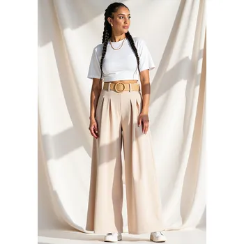 Dámské kalhoty Béžové dámské elegantní široké kalhoty s vysokým pasem M1160 Beige Velikost: ONE SIZE