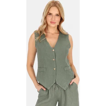 Dámská vesta Khaki dámská elegantní lněná vesta s pruhy CHCE 255487 F - Khaki Velikost: 40