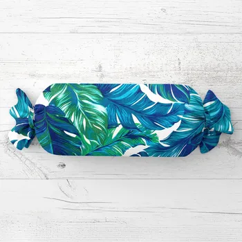 Dekorativní polštářek Polštář válec bonbon Sandra SA-606 Modro-zelené tropické listy na bílém 15x40 cm