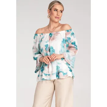 Dámská halenka Bílo-tyrkysová dámská španělská halenka s širokým výstřihem M1142 Turquoise Velikost: S/M