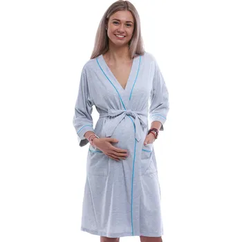 Dámský župan Šedý a modře lemovaný lehký župan do porodnice na kojení 1G0657 šedá l