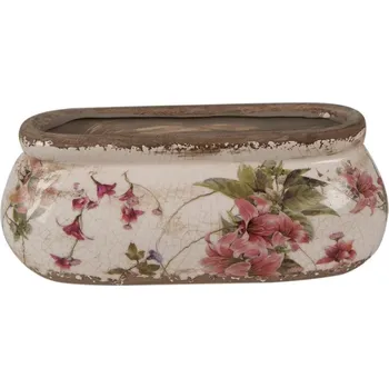 Obal na květináč Béžový keramický oválný obal na květináč s květinami v antickém stylu s odřením – 18x8x7 cm