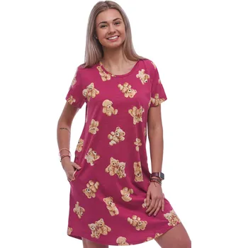 Dámské noční prádlo Malinová noční košilka s krátkými rukávy pro ženy či dívky vzor plyšový medvídci 1C3944 růžová xxl