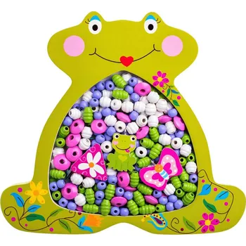 Dřevěná hračka WOODY DŘEVO Korálky navlákací rámeček žabka set s barevnými provázky 2v1 | 830587
