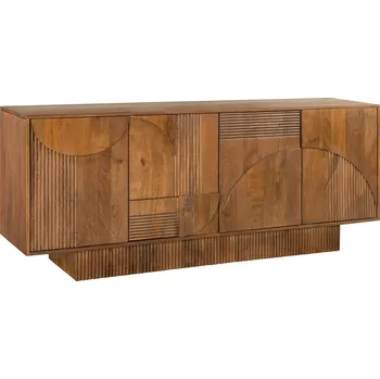 Organizace kuchyně Designový hnědý art deco obdélníkový příborník Sonia z mangového dřeva se čtyřmi dvířky s geometrickým reliéfem 170 cm