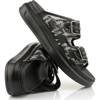Dámské pantofle PANTOFLE KARL LAGERFELD KAPRI SLIDE SPARKLE 2-STRAP BLACK MESH TEXT W/SILVER