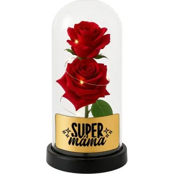 Žertovný předmět Super máma - věčná růže pod skleněným poklopem s gravírováním- Tričkový.cz