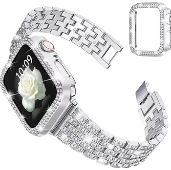 Příslušenství k chytrým hodinkám Sada Ochranný kryt s kamínky + ocelový článkový tah s kamínky řemínek Apple Watch 10 42mm Barva: Stříbrná