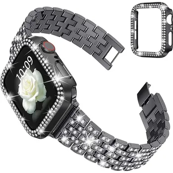 Příslušenství k chytrým hodinkám Sada Ochranný kryt s kamínky + ocelový článkový tah s kamínky řemínek Apple Watch 44mm Barva: Černá