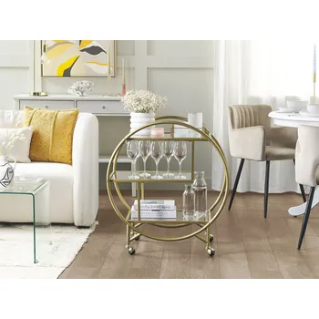 Servírovací stolek Kuchyňský vozík zlatý kovový rám skleněná deska 50 x 34 cm kulatý na kolečkách úložný prostor glamour obývací pokoj Beliani