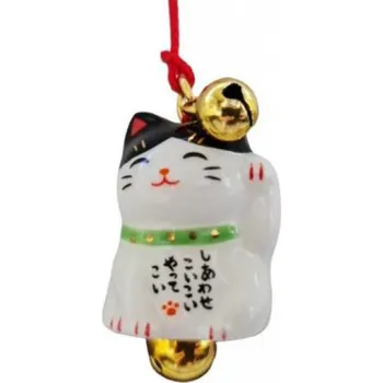 Japonská kočka Maneki Neko přívěsek na mobil se zvonky, bílá/černá