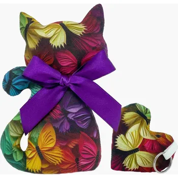 Dekorativní polštářek Kočka s levandulí + přívěsek srdce - 3D motýlci digi tisk Varianta: kočka malá, Dárkové balení: ne