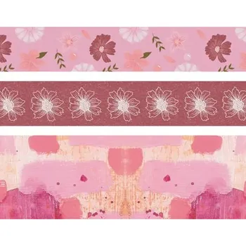 D.A. Samolepicí papírová washi páska sada - růžová s květinami (3ks)