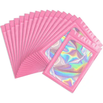 Obalový materiál Holografické uzavíratelné zip sáčky | plastové pytlíčky - Růžový , 14x20 cm