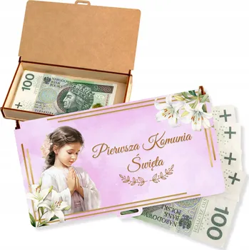 Obraz Dřevěná krabička na peníze ke Komuni dárek pro dívku, ekologické vzory