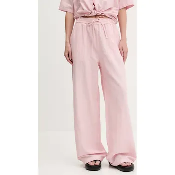 Dámské kalhoty Kalhoty s příměsí lnu Tommy Jeans růžová barva, high waist, DW0DW20352 03X, vel. S