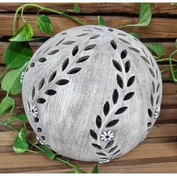 Zahradní dekorace Keramická koule na svíčku s větvičkou a kytičkou 25 cm Motiv: Šamotová