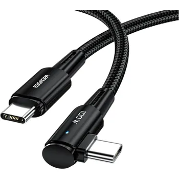 Datový kabel Rychlonabíjecí kabel USB C na USB C 1 m 100W kolenní konektor 90° LED světlo PD QC4.0 přenos dat 480 Mb/s opletený kabel pro nabíjení černá