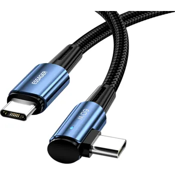 Datový kabel Rychlonabíjecí kabel USB C na USB C 2 m 60W 90° kolenní konektor PD QC4.0 LED světlo přenos dat 480 Mb/s ohebný kabel pro nabíjení modrá