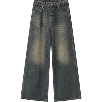 Pánské džíny Pánské seprané džínové kalhoty s rovným střihem Volné široké nohavice Módní vintage styl Pohodlné džíny na každodenní nošení tmavě modrá XS