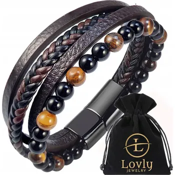 Náramek KOŽENÝ PÁNSKÝ NÁRAMEK NEREZOVÁ OCEL 316L KORÁLKY HNĚDÁ PREMIUM