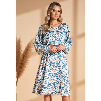 Dámské šaty Světle modré dámské saténové šaty s květinovým vzorem M1128 Blue Velikost: S/M