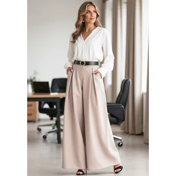 Dámské kalhoty Béžové dámské elegantní široké kalhoty s páskem M1134 Beige Velikost: S/M