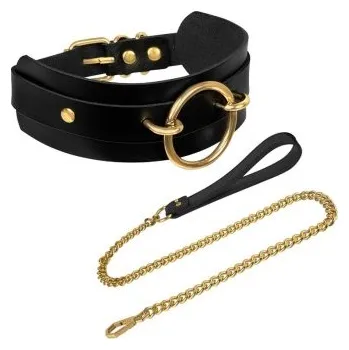 KINKY DIVA O-RING FRONT COLLAR + LEASH BLACK/GOLD