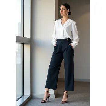 Dámské kalhoty Tmavě modré dámské elegantní rovné kalhoty M1132 Navy Velikost: S/M